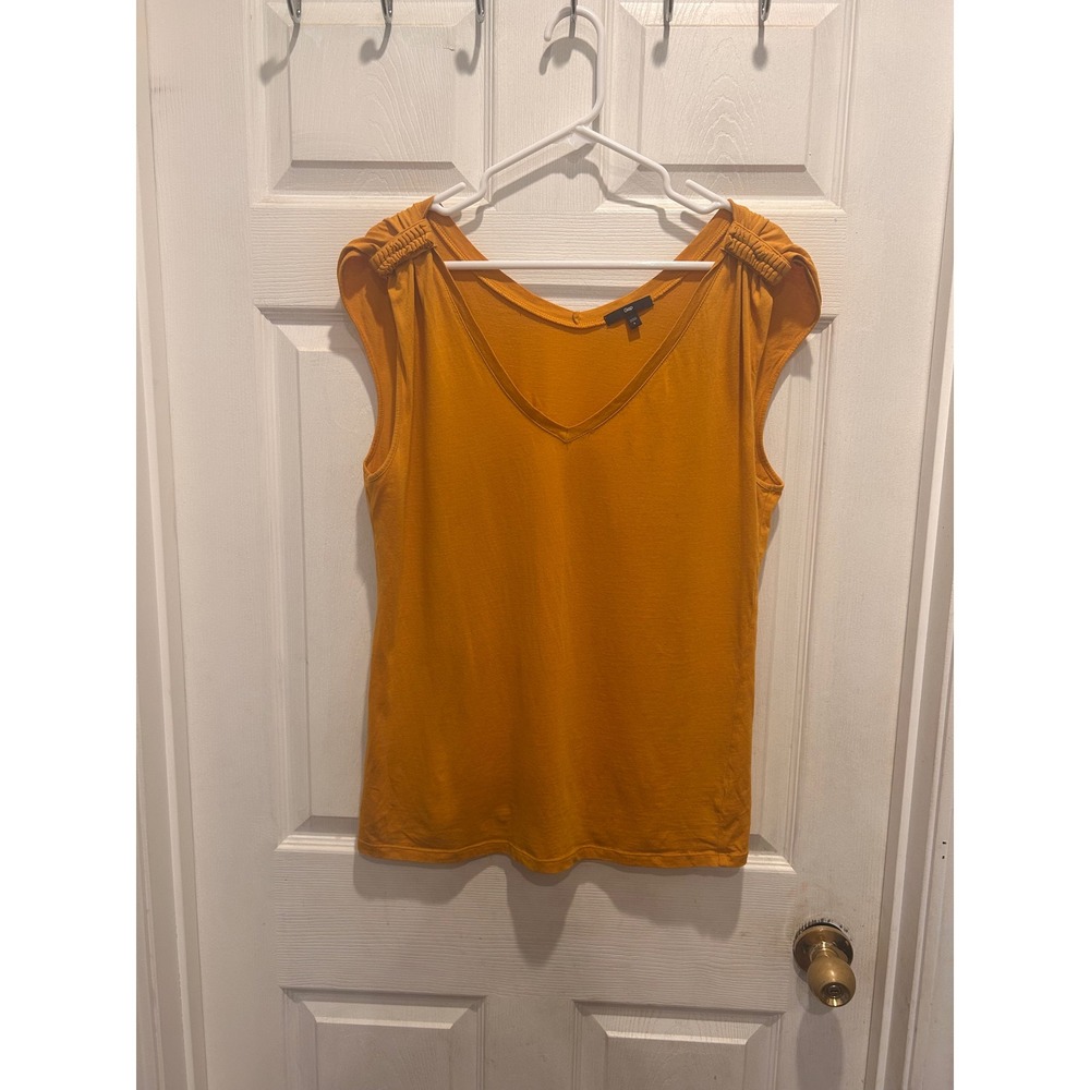 Gap Womens Mustard Yellow 100% Pima Cotton Ruched Cap Sleeve V-Neck Top Large